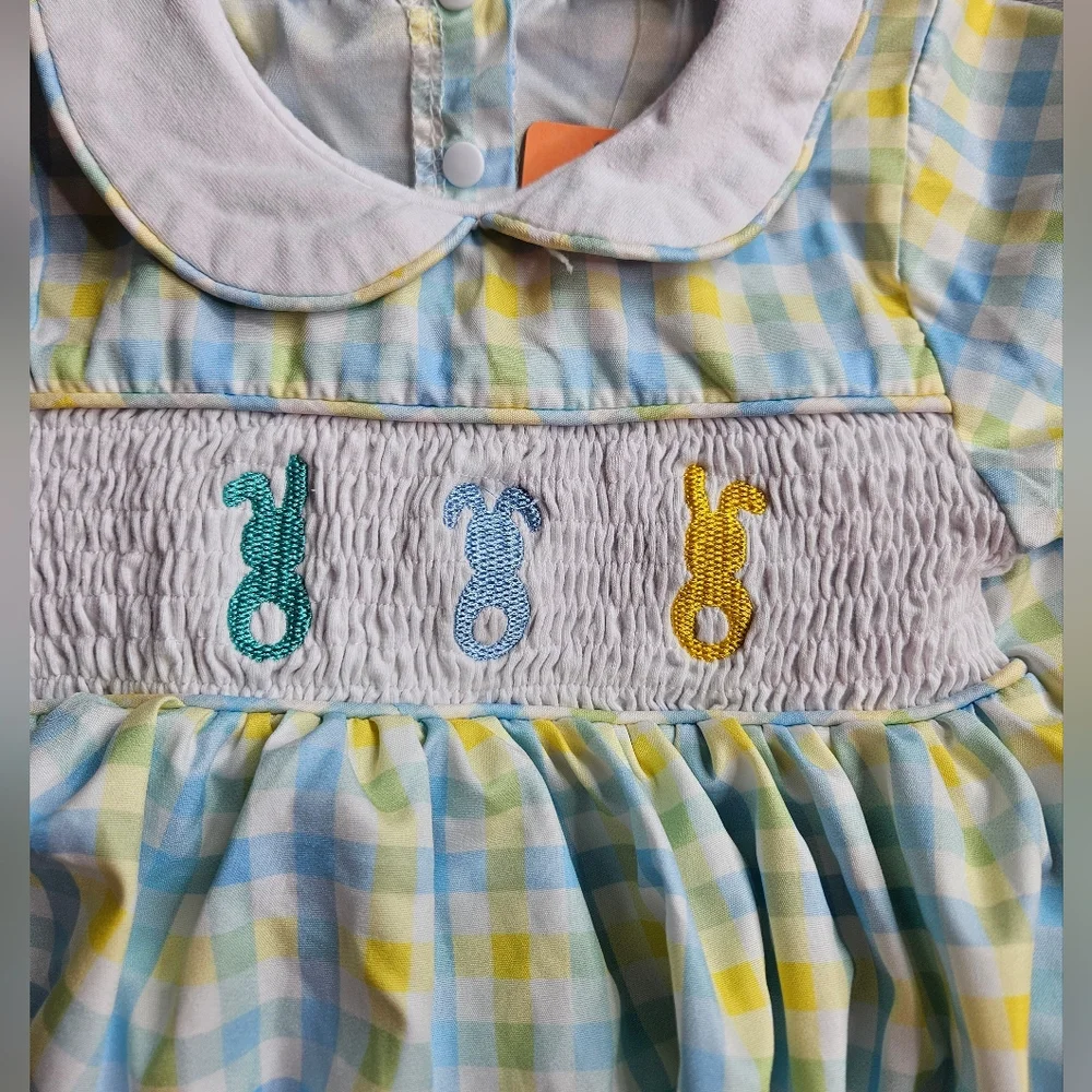 Baby Bubble 6-12 Months Green Yellow Plaid Peter Pan Collar Smocked Easter Bunny - Picture 3 of 7